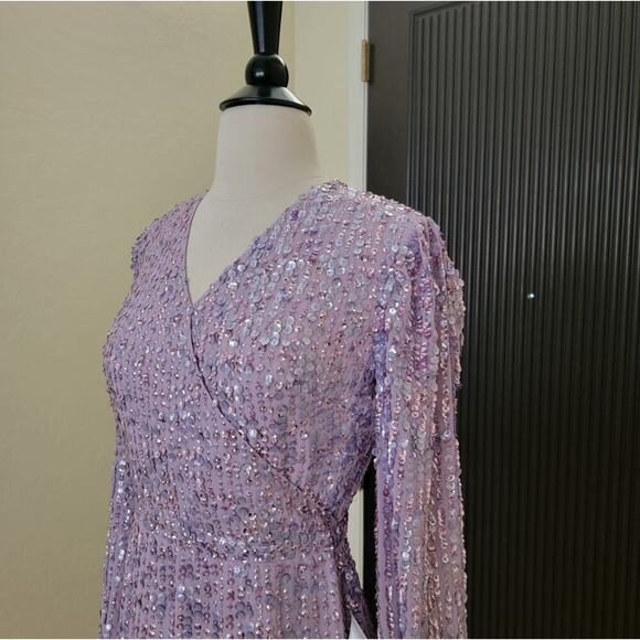 Mac Duggal 107641 Lavender Purple 4 Sequined Long Sleeve V Midi Dress Evening - Picture 7 of 12